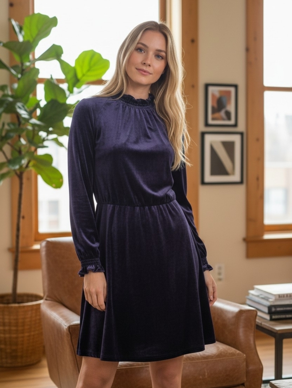 NWT Maje Rilea Blue Velvet Long Sleeve Dress